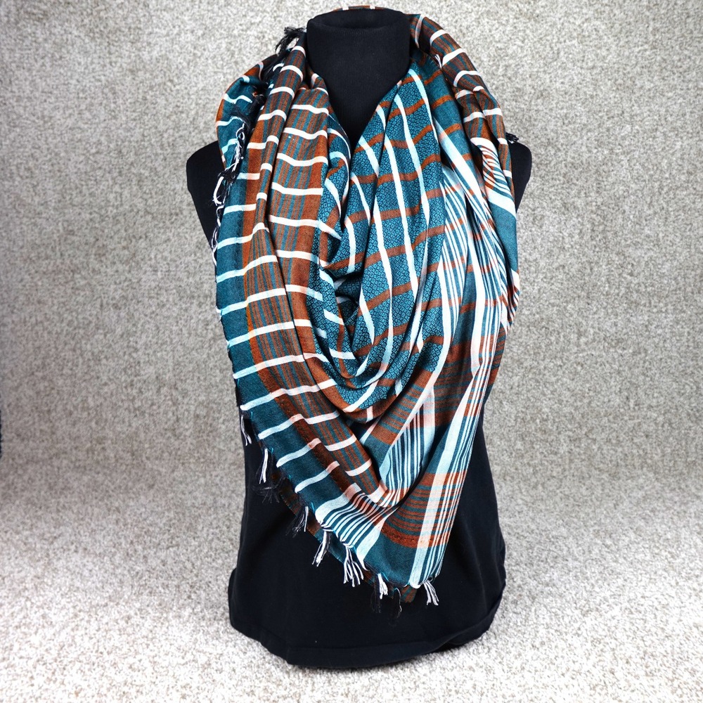 Teal Rust Orange Plaid Fringed Lightweight Woven Square Scarf